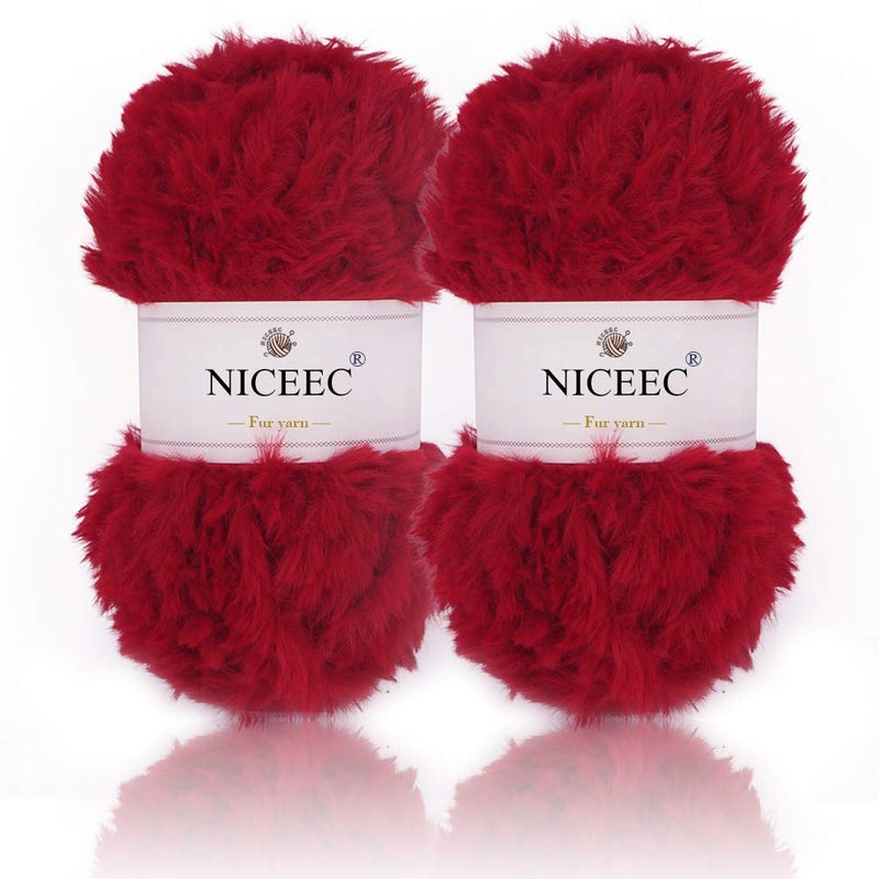 NICEEC 2 Skeins Faux Fur Yarn Super Soft, Chunky & Fluffy, Eyelash Yarn for Crochet & Knitting (Total Length 70yds,3.53oz) - Red - Image 1